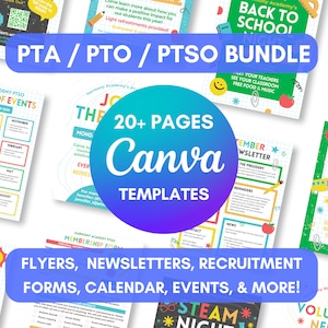 Editable PTA Meeting Flyer Bundle, PTA Newsletter, Canva Template for PTO Events, Meetings, Recruitment, Newsletters, Calendar, & Membership