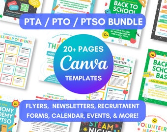 May include: A colorful Canva template bundle for PTA, PTO, and PTSO organizations. The bundle includes flyers, newsletters, recruitment forms, calendars, and events. The templates feature a back-to-school theme with bright colors and fun graphics.