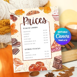 Autumn Bake Sale Price List Template, Fall Bake Sale Pricing List for Church Event, PTA Fundraiser, Autumn PTO Event, Fall Festival Market