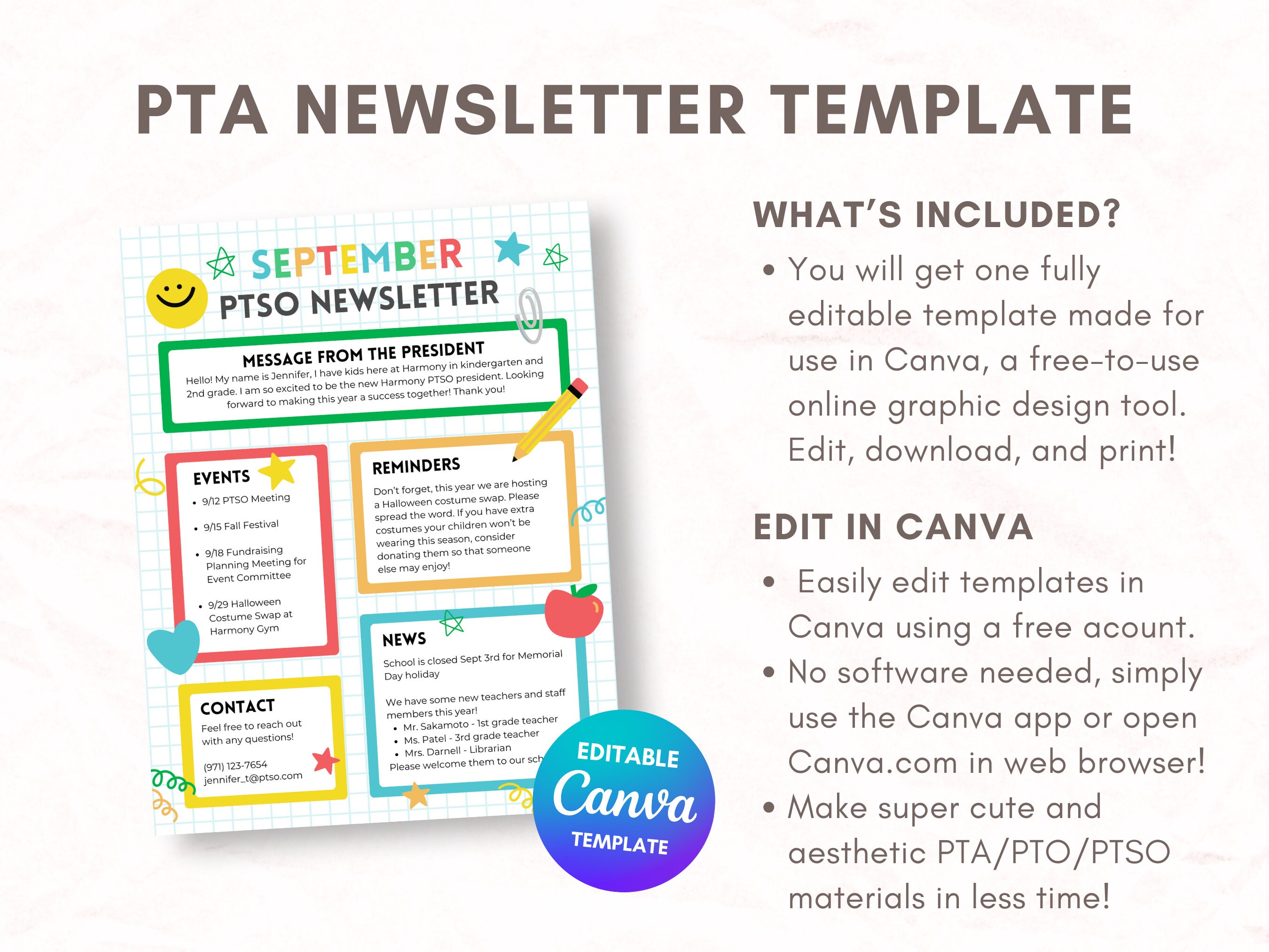 Editable PTA Newsletter Template, PTA Flyer, Canva Template for PTO ...