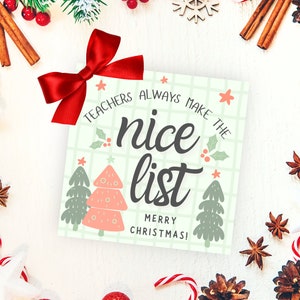 Christmas Teacher Gift Tag, Teachers Always Make the Nice List, Candy Goody Bag, Cookie Tag, Holiday Appreciation, Teacher Thank You Gift