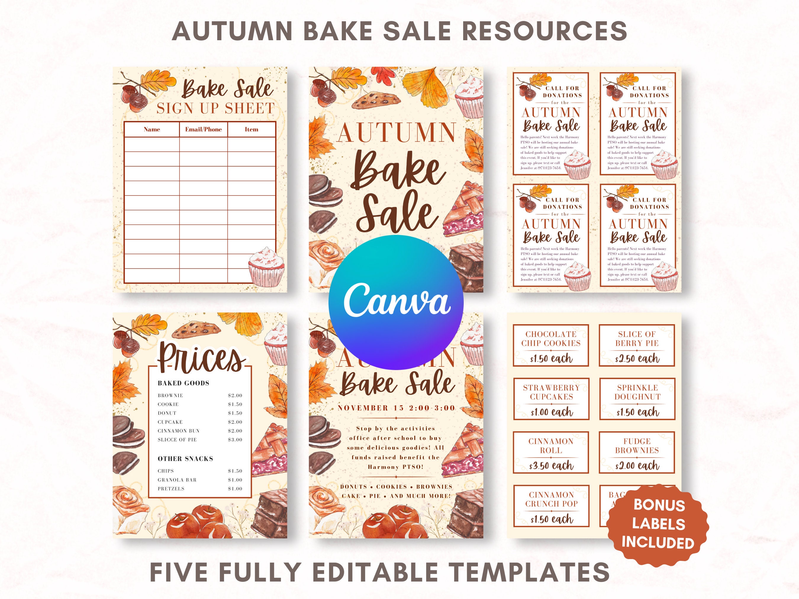 Fall Bake Sale Flyer, PTA Bake Sale Event, Canva Template for Church Bake Sale, PTO Autumn Bake Sale Fundraiser Fall Watercolor Themed Flyer