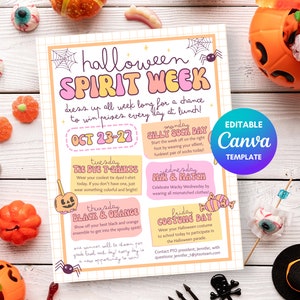 Halloween Spirit Week Flyer, PTA Halloween Events Flyer, School Spirit Week, Fall School Events, Autumn PTA Flyer for Events, Kids Halloween
