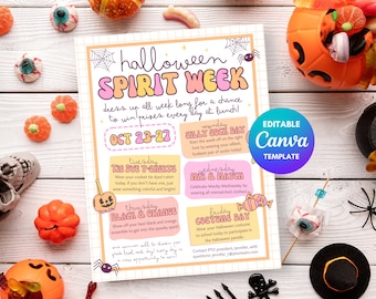 Folleto de la Semana del Espíritu de Halloween, Calendario de eventos escolares (Plantilla de Canva)