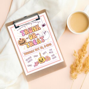 Puede incluir: Un folleto imprimible rosa y amarillo para un evento Trunk-or-Treat en la Academia Annplanting Harmony el martes 31 de octubre de 6 a 9 pm. El folleto presenta un fantasma de dibujos animados, calabazas y dulces.