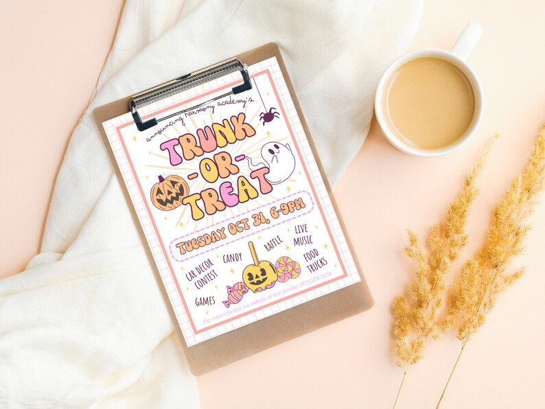 Puede incluir: Un folleto imprimible rosa y amarillo para un evento Trunk-or-Treat en la Academia Annplanting Harmony el martes 31 de octubre de 6 a 9 pm. El folleto presenta un fantasma de dibujos animados, calabazas y dulces.
