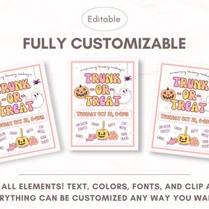 Puede incluir: Un folleto imprimible para un evento de Trunk or Treat en la Academia Harmony. El folleto presenta un esquema de color rosa y amarillo con un fantasma de dibujos animados, una ara&ntilde;a y calabazas. El texto dice "Trunk or Treat" y "Martes 31 de octubre, 6-9pm".