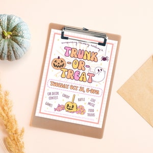 Puede incluir: Un folleto rosa y naranja con un fondo de patr&oacute;n de cuadr&iacute;cula que anuncia un evento Trunk or Treat en Harmony Academy el martes 31 de octubre de 6 a 9 pm. El folleto presenta una calabaza de dibujos animados, un fantasma y una ara&ntilde;a. El evento incluye un concurso de decoraci&oacute;n de autom&oacute;viles, dulces, juegos, una rifa, m&uacute;sica en vivo y camiones de comida.