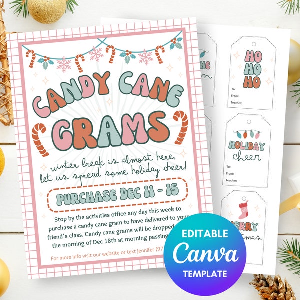 Modello Candy Cane Grams Grammi, Evento festivo PTA modificabile, Modello Canva per la scuola, Raccolta fondi PTO Candycane Gram, Natale Candy Gram