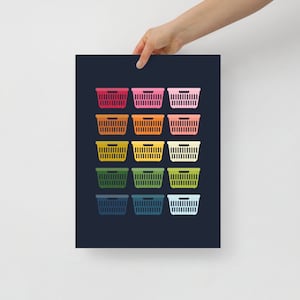 Arte della lavanderia: cesti per bucato arcobaleno colorati Stampa artistica con sfondo blu navy