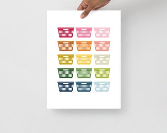 Op de afbeelding: Een printbaar wanddecoratiedesign met een regenboog van wasmanden. De manden zijn gerangschikt in rijen van drie, waarbij elke rij een andere kleur heeft.