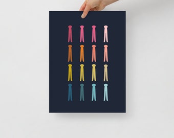 Laundry Room Art: Colorful Clothes Pins Art Print with Navy Blue Background