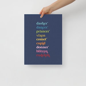 Colorful Reindeer Names on Navy Blue Background Art Print