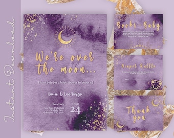 Witchy Baby Shower Invite, Celestial Baby Shower, Moon Baby Shower, Purple Moon and Stars, Crystal Baby Shower