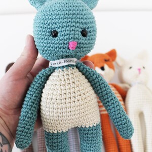Pode incluir: Um coelho de croch&ecirc; azul turquesa com uma barriga de croch&ecirc; branca e um nariz rosa. O coelho est&aacute; segurando uma etiqueta branca com o texto "Fert&eacute;-Berna".