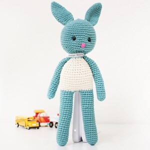 Pode incluir: Um brinquedo de coelho de croch&ecirc; azul com detalhes brancos e nariz rosa. O coelho tem olhos pretos e uma etiqueta branca ao redor do pesco&ccedil;o que diz "Cute Bunny".