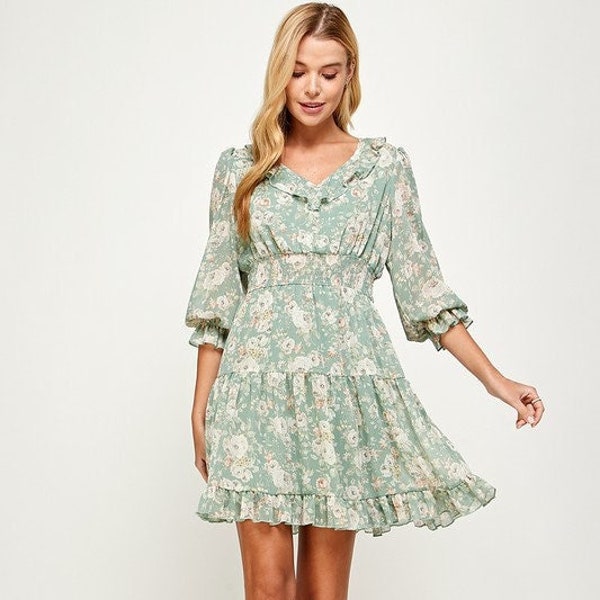 Floral Print V- Neck Ruffle Tiered Dress