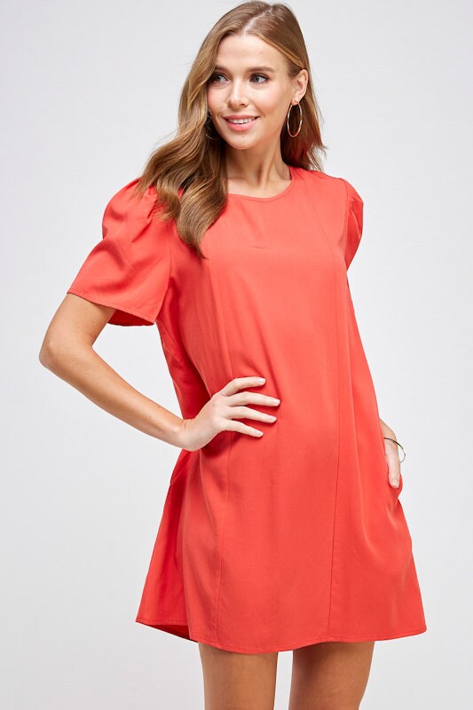 orange shift dress with sleeves Puff Short Sleeve Shift Dress