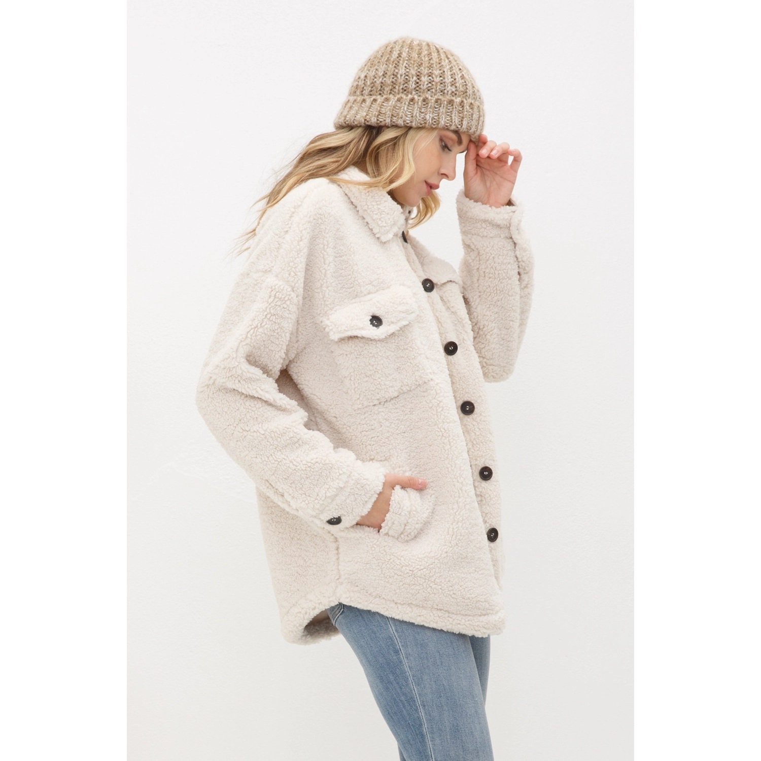 Cream Sherpa Long Sleeve Button Down Jacket
