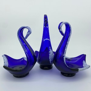 3 Glass Swan Planters In Blue