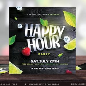 Happy Hour Flyer Template, Photoshop Flyer,Summer Party Invite Flyer, Invitation Cocktails, Restaurant Flyer Design for Social Media
