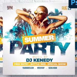 Editable Photoshop PSD template for a summer party flyer (5x5 digital download)