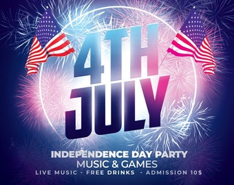 4th of July Party Flyer, Photoshop Psd Template, Instant Download, Editable Invitation, Independence Day