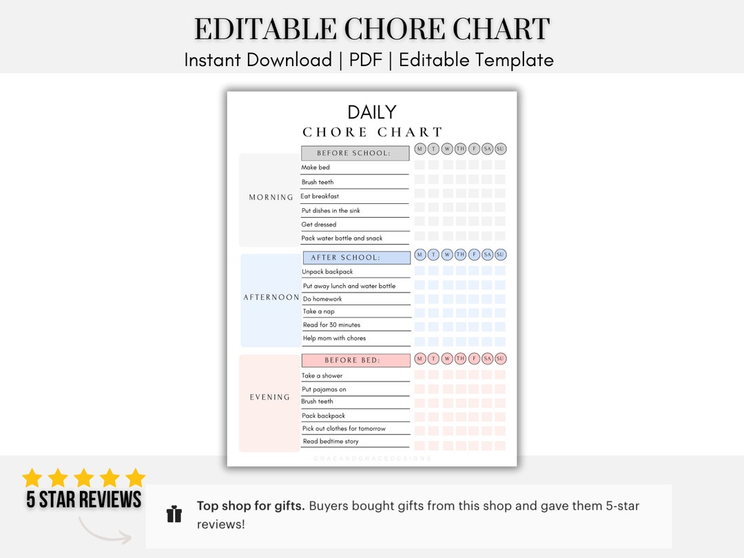 Kids Daily School Checklist Schedule Printable, Editable Chore Chart ...