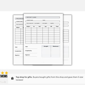 May include: A black and white printable report card template with sections for student name, grade, subject, date, and progress. The template includes space for strengths and weaknesses.