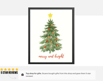 May include: A watercolour painting of a Christmas tree with a yellow star on top and red and pink baubles. The text "merry and bright" is written below the tree.