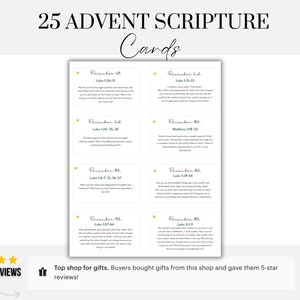 Op de afbeelding: Een set van 25 afdrukbare Advent-Schriftkaarten met een witte achtergrond en groene en gouden accenten. Elke kaart bevat een ander Bijbelvers en de datum in december. De kaarten zijn perfect voor een dagelijkse devotie tijdens de Advent-periode.