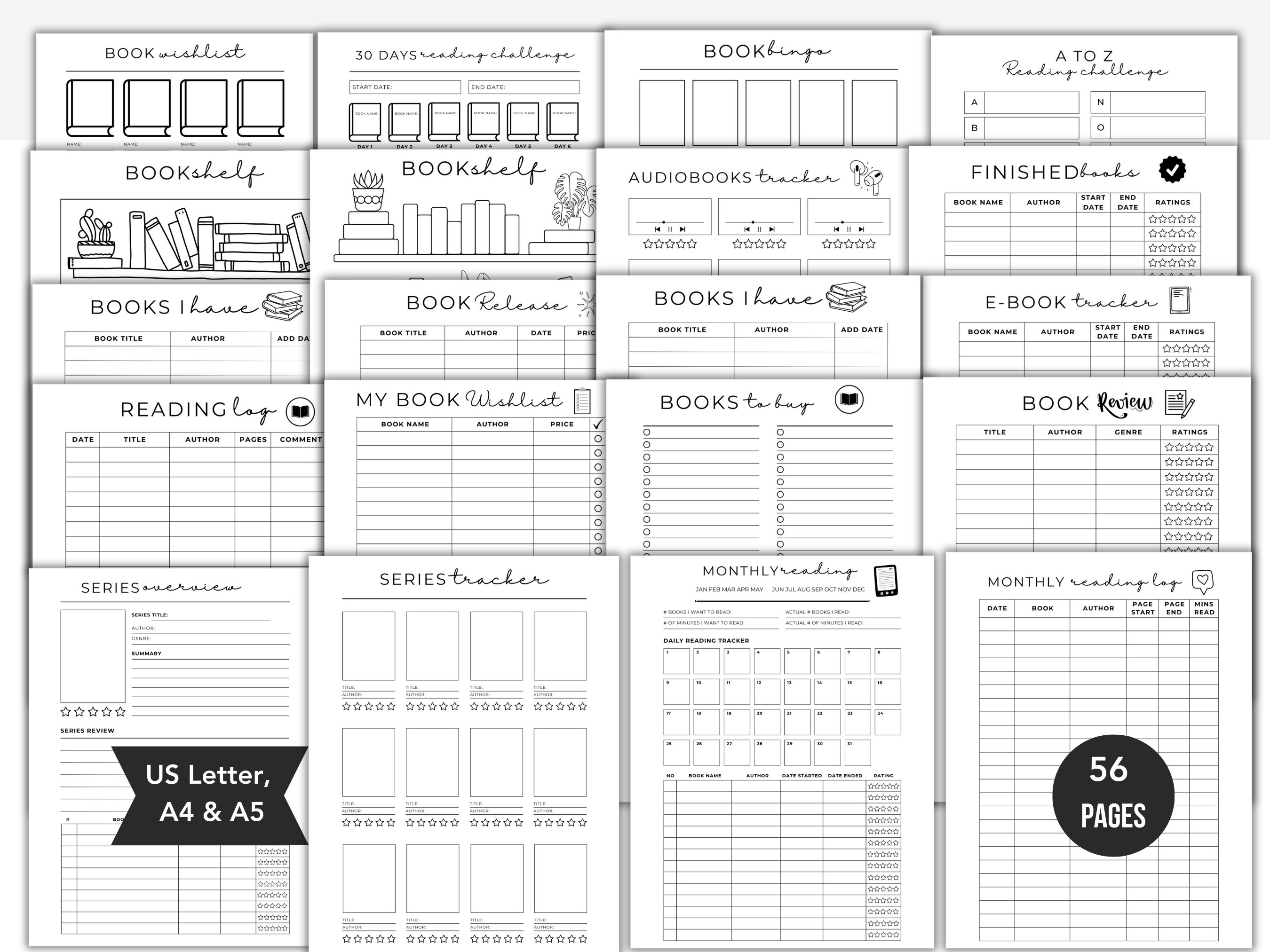 Book Reading Tracker Bundle Printable Page,a5 Bullet Journal Book Pages ...