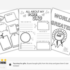 Bonus Dad Father&#39;s Day Printable All About My Bonus Dad Father&#39;s Day DIY Gift For Dad Fill in the blank Father&#39;s Day Card Instant Download