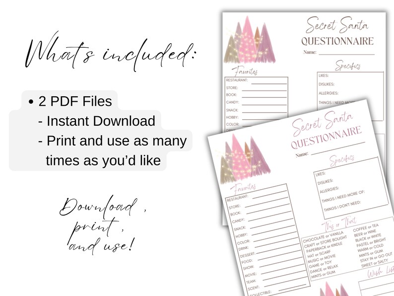 Printable PDF Secret Santa Gift Exchange Questionnaire (work or ...