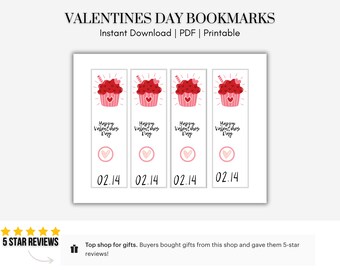 Può includere: Quattro segnalibri stampabili per San Valentino con un cupcake rosa con glassa rossa e un cuore rosa. Ogni segnalibro ha il testo "Buon San Valentino" e "02.14" stampato.