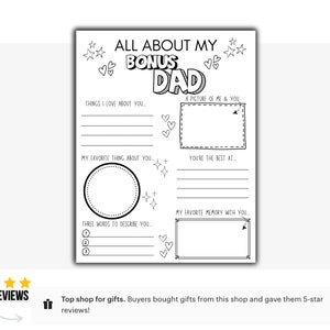 Vaderdagcadeau Bonus papa Alles over mijn bonusvader Afdrukbaar Vul de lege vaderdagkaart in Vaderdagvragenlijst Instant Download