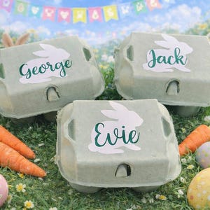 May include: Three pale green egg boxes, each with a bunny and name decal: "George", "Jack", and "Evie". They are on grass with Easter eggs and carrots. A stuffed bunny with a carrot is in the background. A banner hangs above.