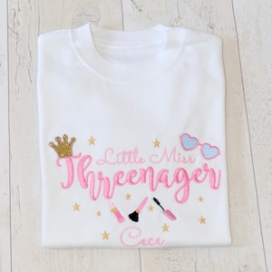 Little Miss THREE-nager | Embroidered | Personalised Sweatshirt | Personalised Jumper | Jumper | Hoodie | Pink | T Shirt | Romper |