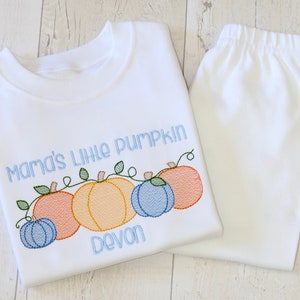Mama&#39;s Little Pumpkin Set | Personalised Blue Outfit | Handmade Halloween | Boys Halloween Costumes | Pumpkins