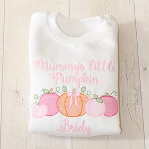 May include: White sweatshirt with pink embroidery that reads "Mummy's little Pumpkin" and "Bridy" with a row of pink and orange pumpkins.