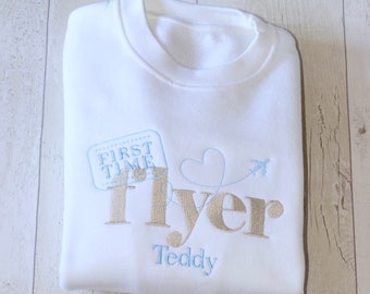 First Time Flyer | Travel Stamp | Embroidered Personalised Sweatshirt | Hoodie | Blue | T Shirt | Romper | Holiday Shirt