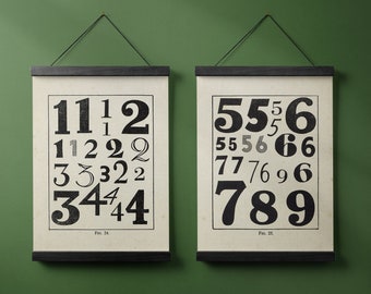 Numbers Vintage Typography Prints Set of 2 | Black & White Gallery Wall Art | Instant Download Digital Mid Century Decor