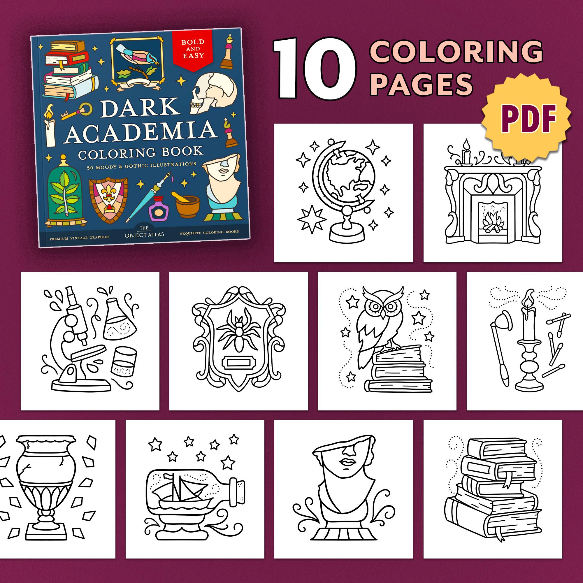 Bold & Easy Dark Academia Coloring Pages (10 PDF) | Instant Download Printable for Adults | Procreate iPad Friendly