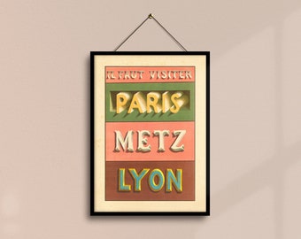 Vintage Paris Travel Poster Downloadable Print | French Cities Hand Lettering Printable Digital Art | Il Faut Visiter Paris Metz Lyon