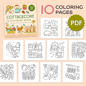 Bold & Easy 10 Cottagecore Coloring Pages | Instant Download Printable PDF | Cozy Cute and Comfy Country Illustrations for Adults and Kids