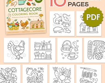 Bold & Easy 10 Cottagecore Coloring Pages | Instant Download Printable PDF | Cozy Cute and Comfy Country Illustrations for Adults and Kids