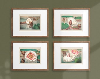 Moody Vintage Water Lily Flower Gallery Wall Set of 4 Instant Download Botanical Prints Waterlily Downloadable Horizontal Poster Art