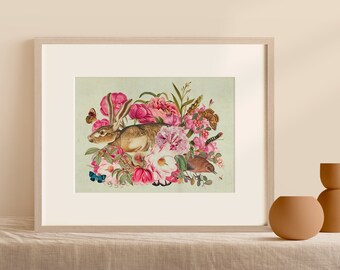 Pink Floral Girl’s Room Wall Art with Rabbit and Bird Vintage Printable Horizontal Wall Art Instant Download Art Light Academia Decor