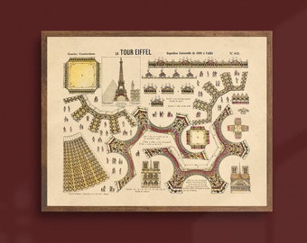 1889 Eiffel Tower Diagram | Vintage Paris Printable Wall Art | Horizontal Downloadable Print | French Educational Chart