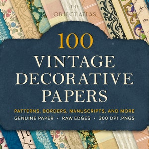 Pode incluir: Uma coleção de 100 papéis decorativos vintage com padrões, bordas, manuscritos e muito mais. Os papéis são genuínos, têm bordas cruas e são PNGs de 300 DPI.